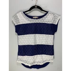 Womens Navy & White Lace Striped Cap Sleeve Top By Speechless Size L